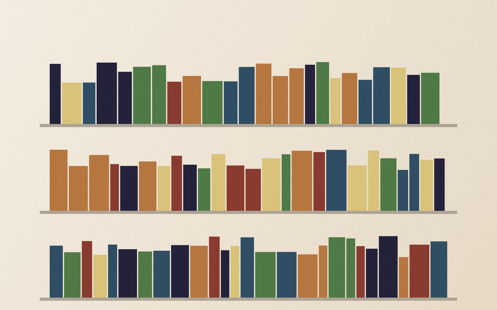 Three rows of books in various colours on shelves.